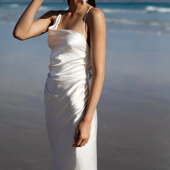LA LUNE ASYMMETRICAL BIAS COWL MIDI DRESS - CREAM